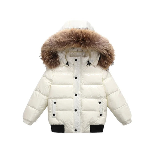 Kids waterproof down jacket fur hood