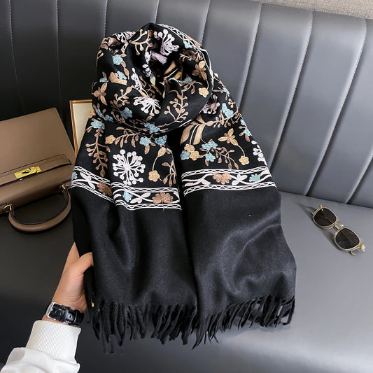 Women’s Winter Cashmere Scarf | Embroidered Thick Shawl Wrap
