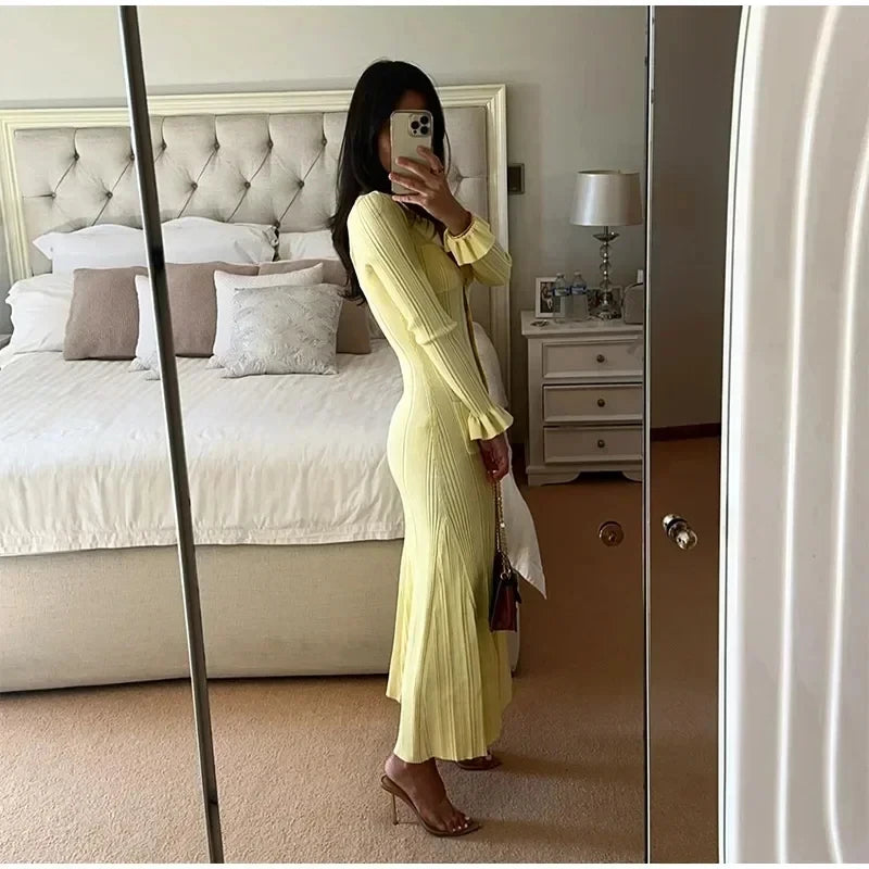 Winter Knitted Ruffle Long Dress for Women – Single-Breasted High-Stretch A-Line Sweater Dress