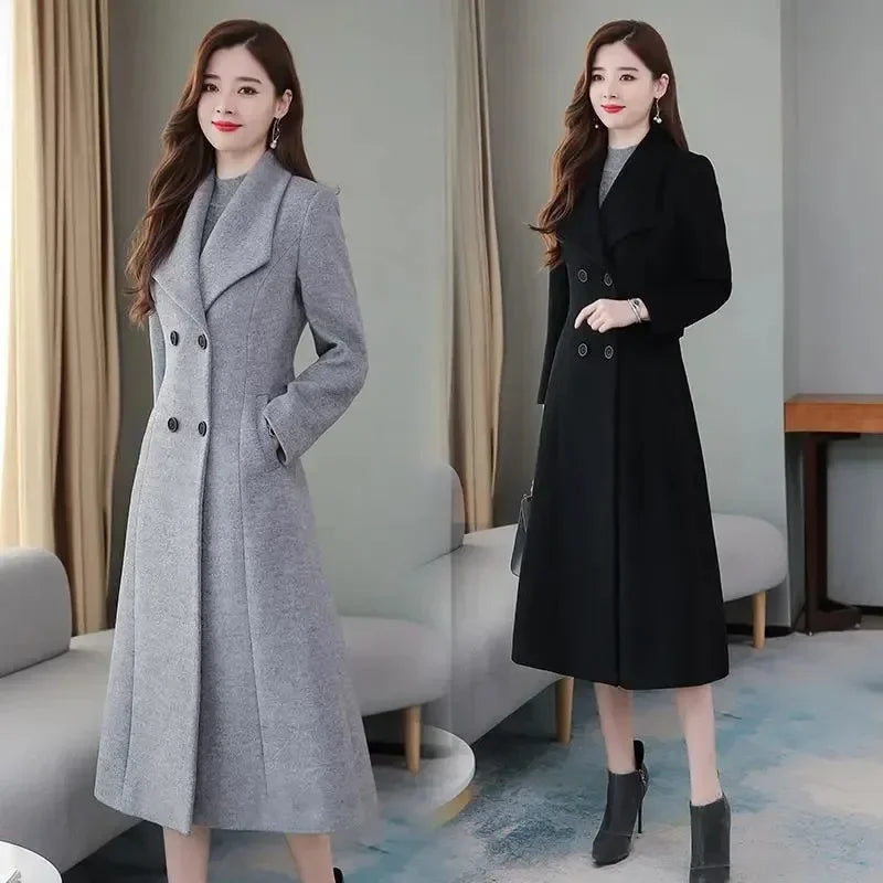 Elegant Thickened Woolen Coat – Double-Breasted Long Winter Outerwear
