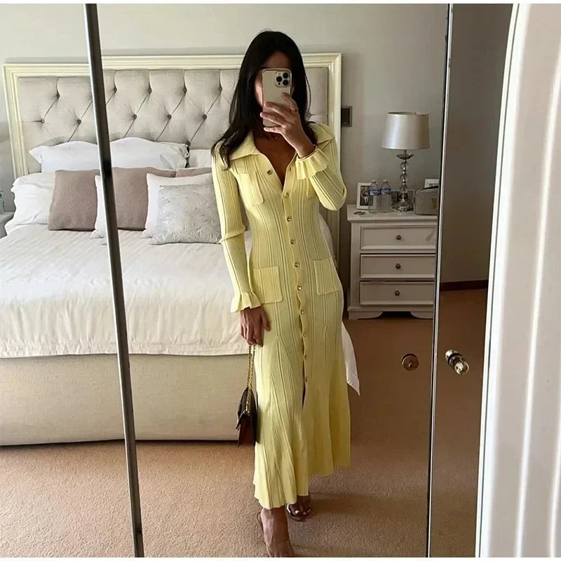 Winter Knitted Ruffle Long Dress for Women – Single-Breasted High-Stretch A-Line Sweater Dress