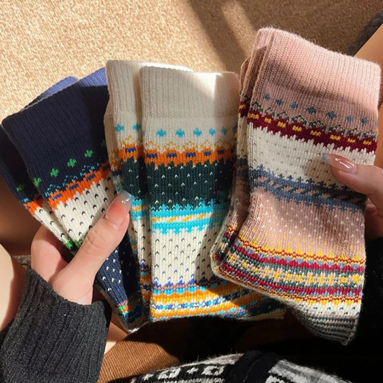 3Pcs Set Handmade Colorful Socks for Women – Winter Thick Soft Home Sleep Socks, Gift for Her