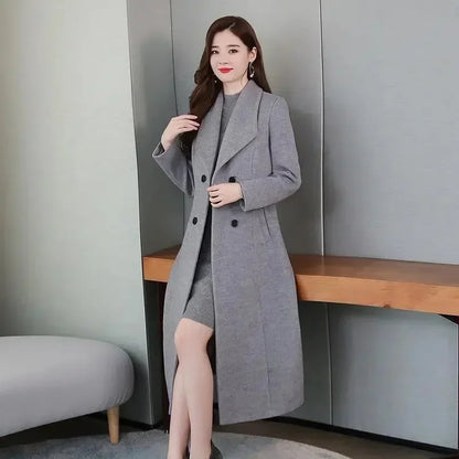 Elegant Thickened Woolen Coat – Double-Breasted Long Winter Outerwear