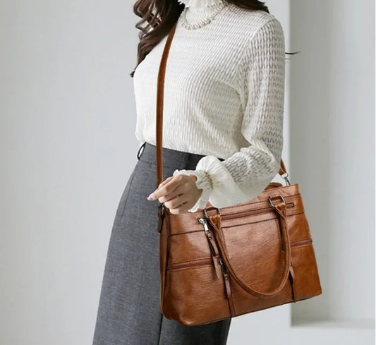 brown leather handbag