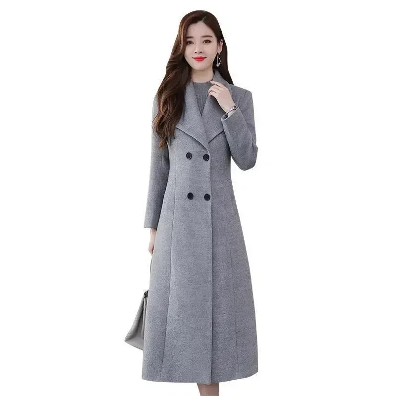 Elegant Thickened Woolen Coat – Double-Breasted Long Winter Outerwear