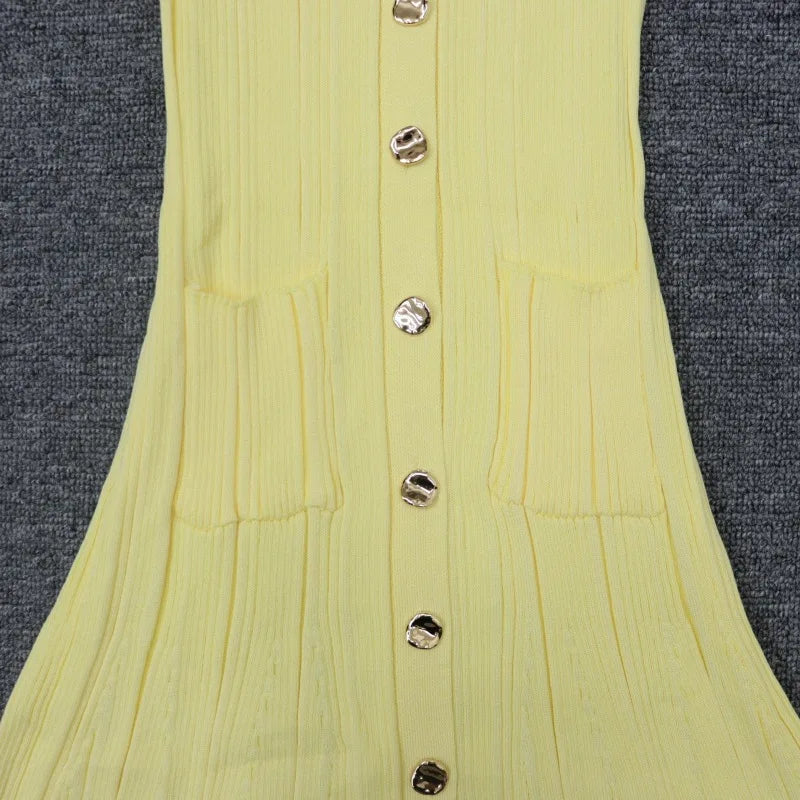 Winter Knitted Ruffle Long Dress for Women – Single-Breasted High-Stretch A-Line Sweater Dress