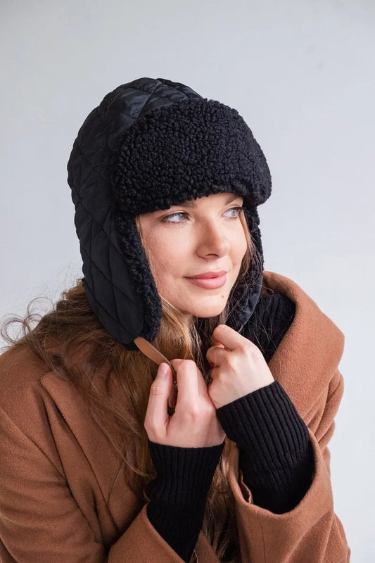 Waterproof Quilted Trapper Hat Fuax Fur lined Snow Warm Winter Hats