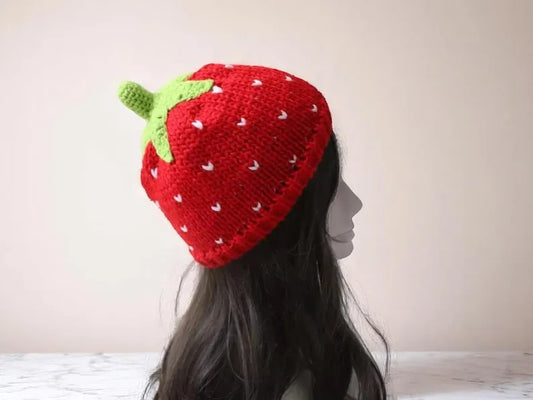 Strawberry Knit Beanie | Cute Design Women’s Hat | Soft Stretchy Street Style | Casual Winter Cap | Cozy & Fashionable Headwear