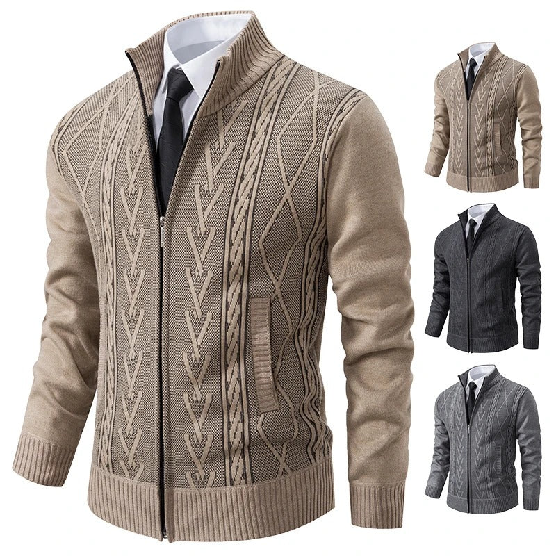 Men’s knitted zip-up sweater jacket close-up texture