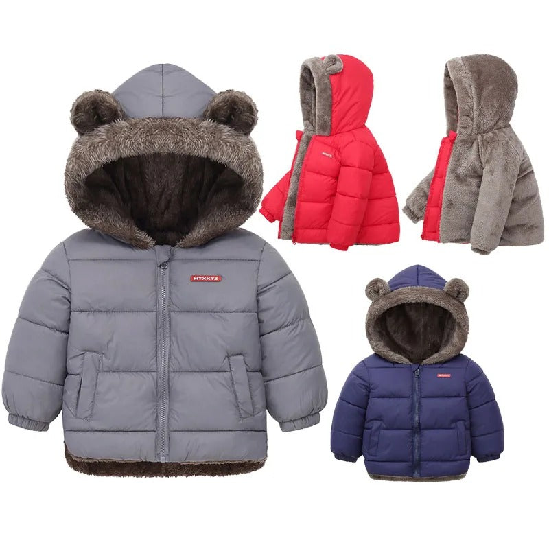 "baby hooded fleece winter jacket front view"