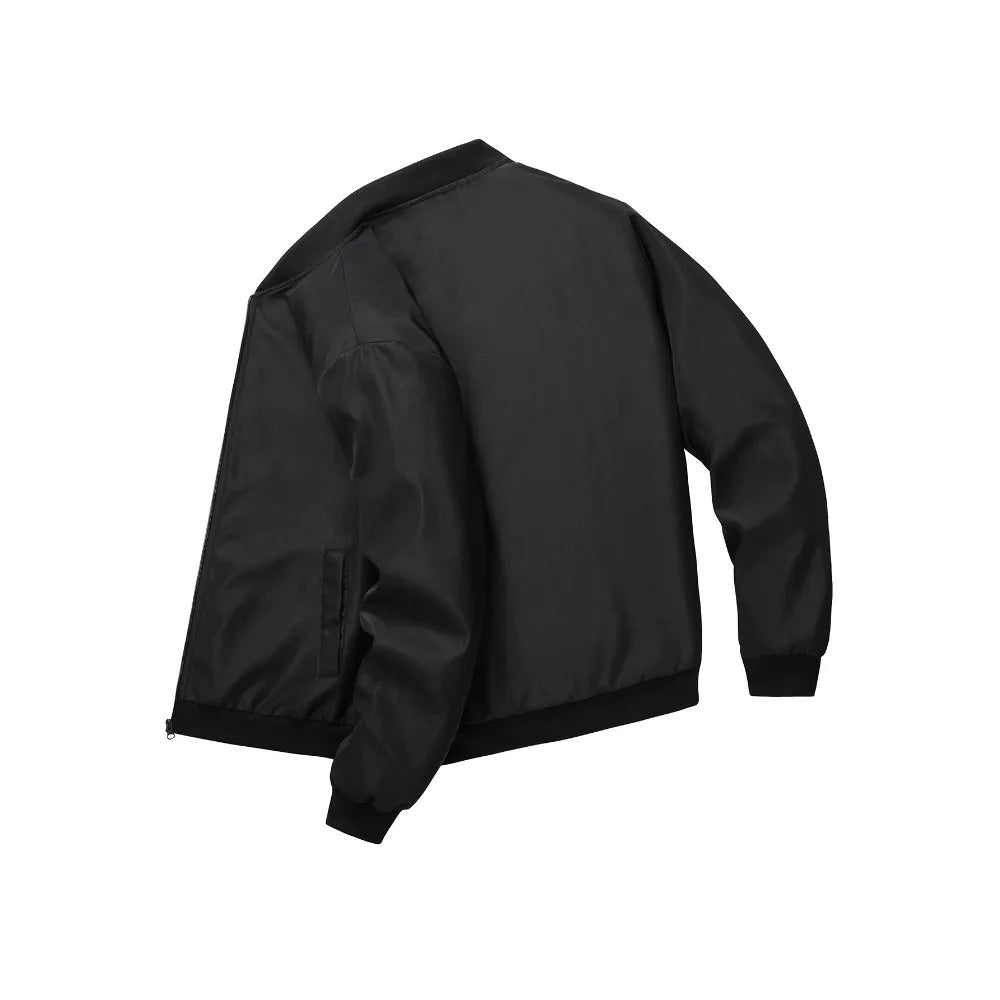 Back side of men’s casual polyester jacket – lightweight outerwear for autumn and winter.