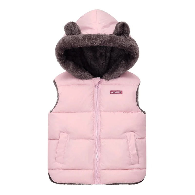 Pink kids winter vest with hood