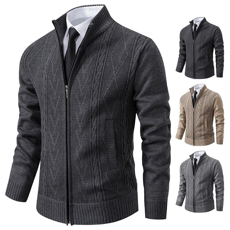 Men’s knitted zip-up sweater jacket close-up texture