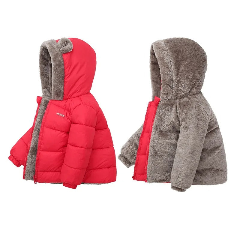 "baby hooded fleece winter jacket front view"