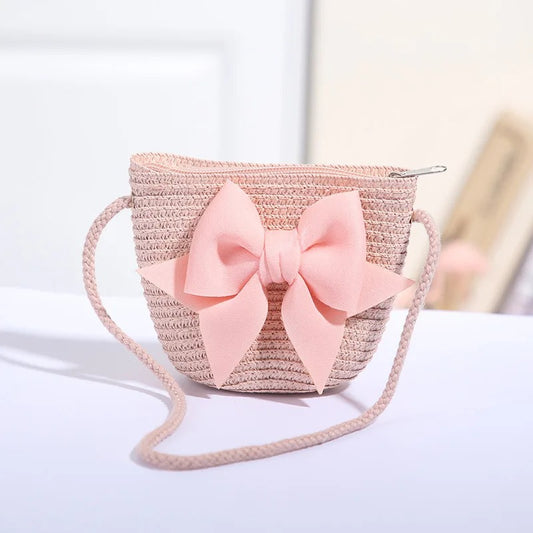 Pink bow straw crossbody bag for girls