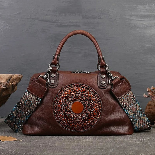 Retro handmade leather handbag, bohemian cowhide Boston shoulder bag for women