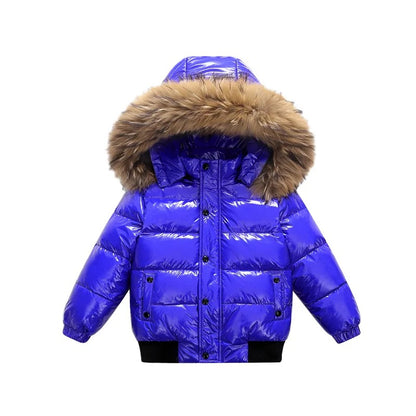 Kids waterproof down jacket fur hood
